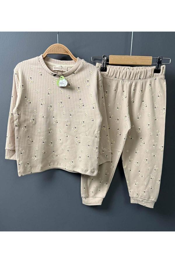 Kız Çocuk Üzeri Papatya Desenli Fitilli Krem Pijama Takımı - Image 1