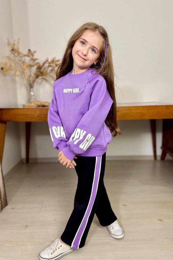 Kız Çocuk Kollarında ve Göğsünde Girl Yazı Detaylı Lila Sweat Şerit Detaylı Eşofman Takım - Image 1