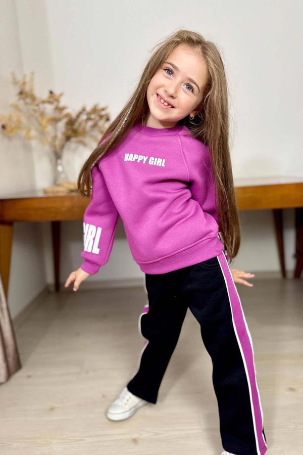 Kız Çocuk Kollarında ve Göğsünde Girl Yazı Detaylı Mor Sweat Şerit Detaylı Eşofman Takım - Image 1