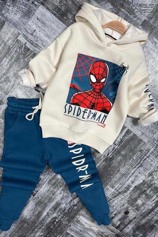 Erkek Çocuk Örümcek Adam Digital Baskılı Kapşonlu Sweat Mavi Eşofman Takım - Image 1