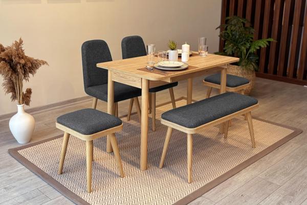 MİORA MİNİ AÇILIR MUTFAK MASA TAKIMI, KARİNA MEŞE ANTRASİT(1 Masa + 2 Sandalye + 2 Tabure + 1 Bench) - Image 1