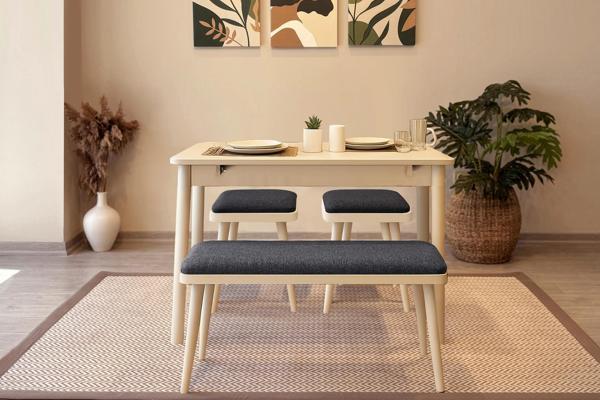 MİORA MİNİ AÇILIR MUTFAK MASA TAKIMI, SEDEF KREM ANTRASİT ( 1 Masa + 2 Bench +  2 Tabure ) - Image 1