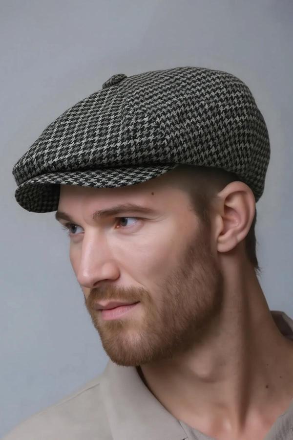 Külah Erkek Kazayağı Kasket Şapka – Antrasit Desenli Retro Flat Cap - Image 1
