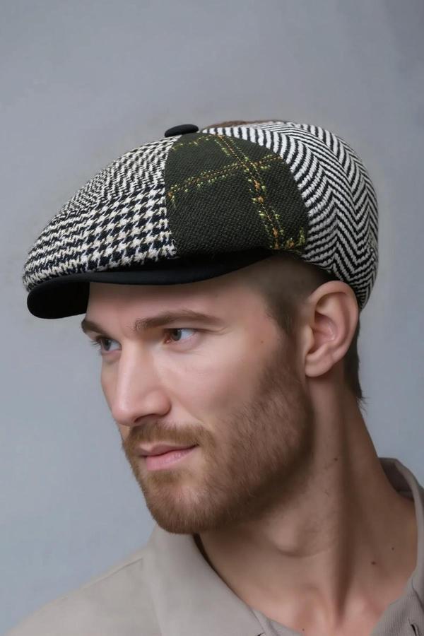 Külah Erkek Patchwork Desenli Kasket Şapka – Vintage Retro İngiliz Flat Cap - Image 1