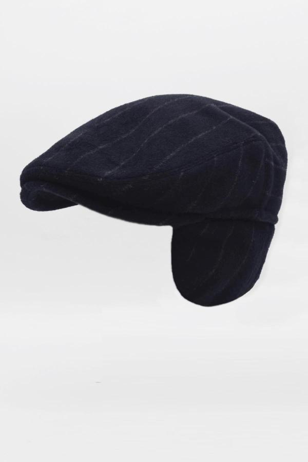 Külah Erkek Balıksırtı Desenli Yün Lacivert Kulaklı Kasket Şapka - Image 1