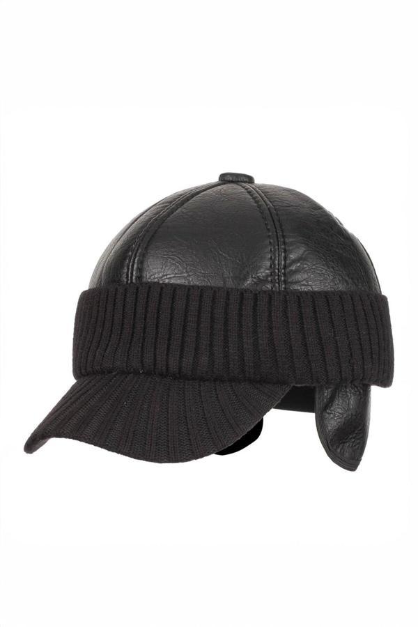 Külah Erkek Örgü Siper Detaylı Suni Deri Kulaklı Şapka - Siyah - Image 1
