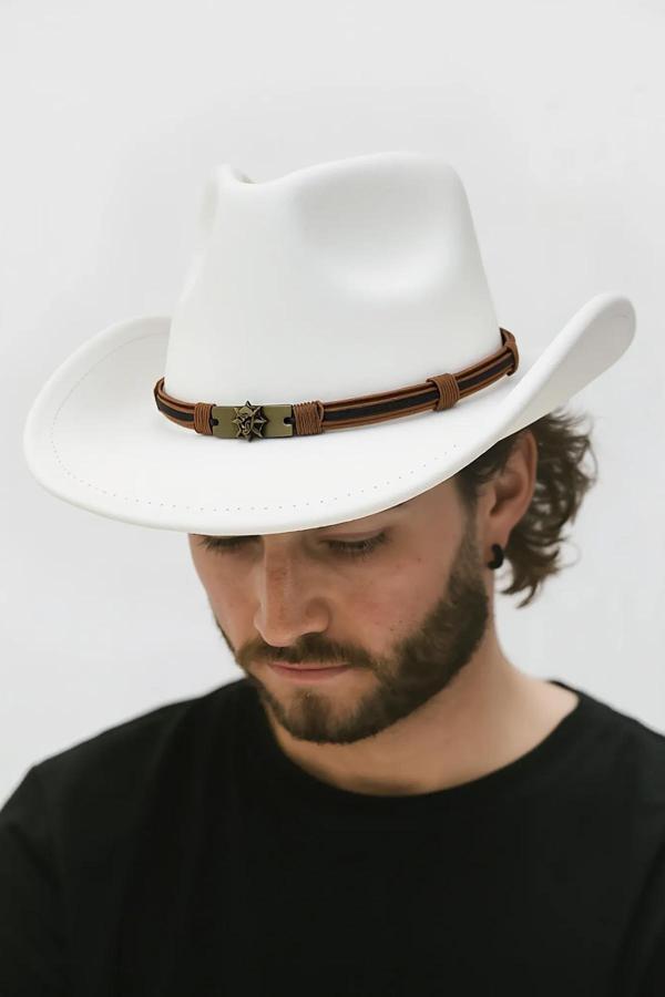 Külah Erkek Deri Detaylı Beyaz Nubuk Kovboy Şapkası - Image 1