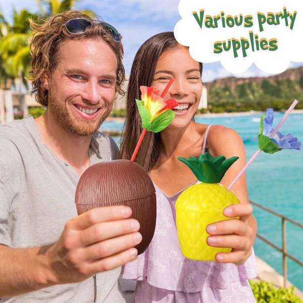 Tropikal Parti Bardak Seti – Ananas ve Hindistan Cevizi Şekilli Pipetli Bardaklar (20 Adet) - Image 1