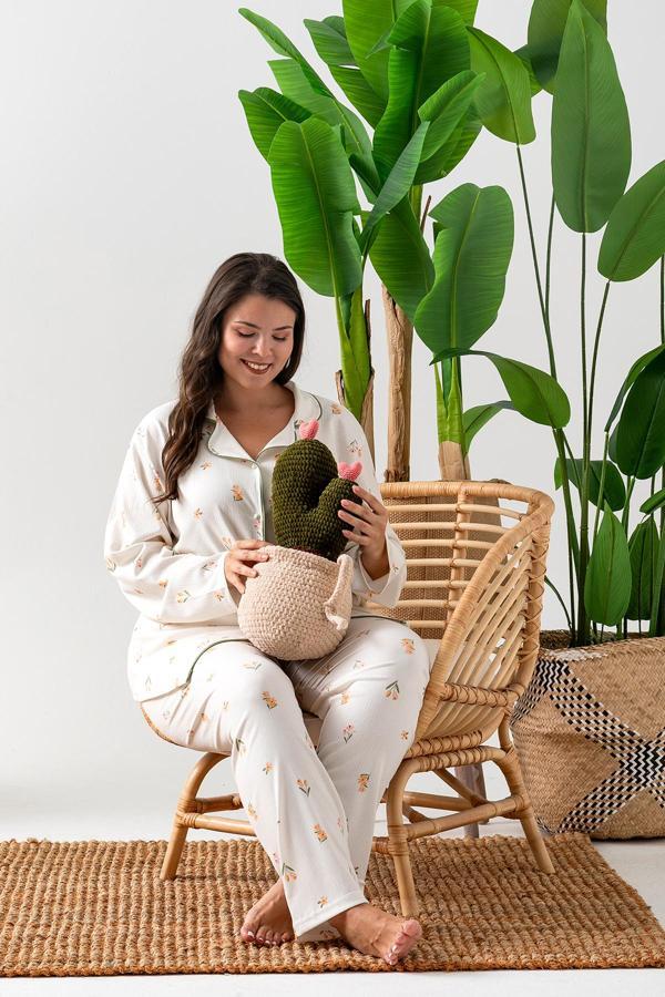 Uzun Kol Gömlek Yaka Kadın Pinterest Pijama Takımı - Mevsimlik Kadın Pijama- Büyük Beden - Image 1