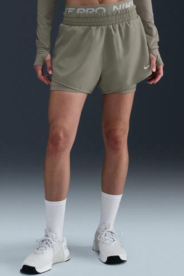Nike Pro Dri Fİt 2IN1 Loose Fit Women's Shorts Kadın Bol Kesim Taytlı Antrenman Şortu Haki - Image 1