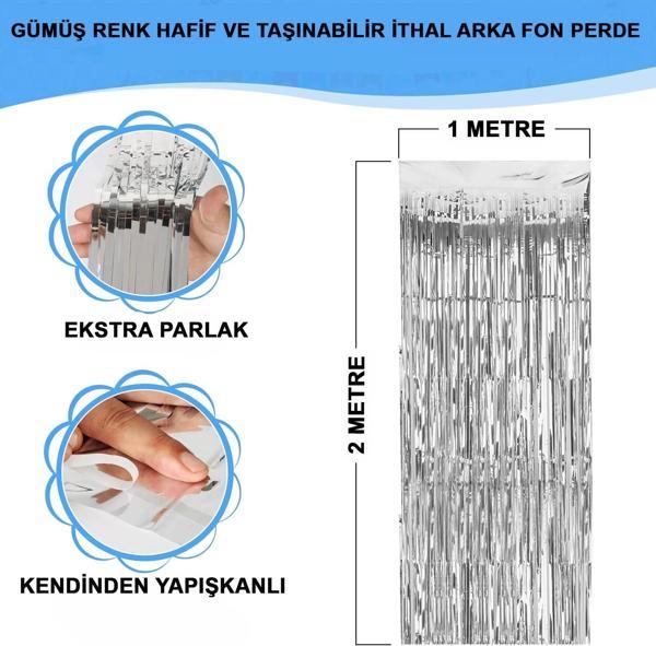 Gümüş Renk Ekstra Metalize Parlak Saçaklı Arka Fon Perde İthal A Kalite 1x2 Metre - Image 1