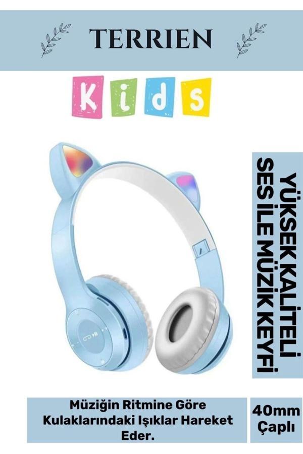 Çocuk Kedi Kulaklı Işıklı Mikrofonlu Uyumlu Kablosuz Bluetooth Kedili Kulaklık - Image 1