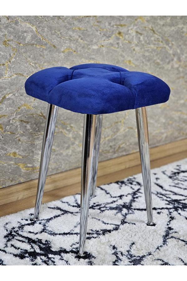 Kare Krom Kaplama Konik Ayaklı Tabure - Oturak - Bar Taburesi - Ayaklı Tabure Mavi Renk 48 x 33 Boyut/Ebat - Image 1