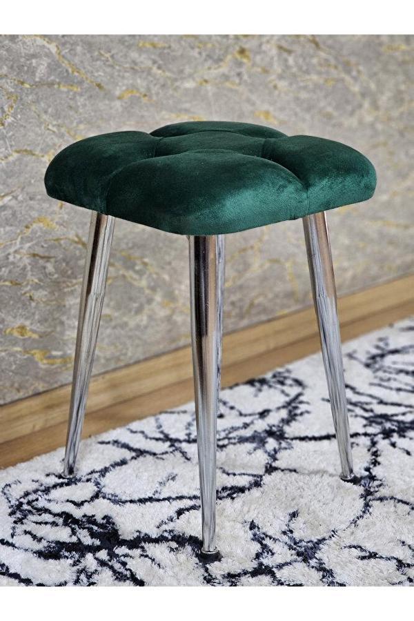 Kare Krom Kaplama Konik Ayaklı Tabure - Oturak - Bar Taburesi - Ayaklı Tabure Yeşil Renk 48 x 33 Boyut/Ebat - Image 1