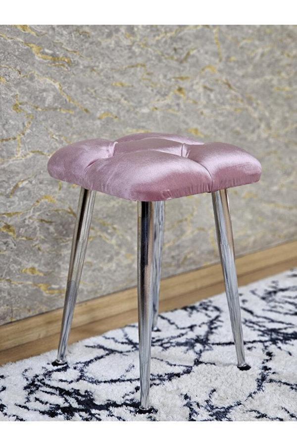 Kare Krom Kaplama Konik Ayaklı Tabure - Oturak - Bar Taburesi - Ayaklı Tabure Pembe Renk 48 x 33 Boyut/Ebat - Image 1
