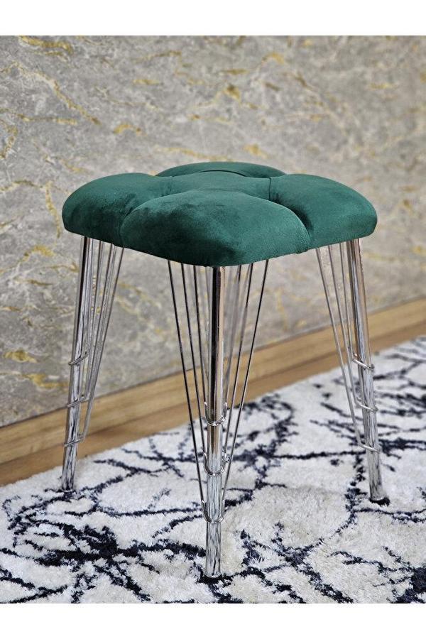 Kare Krom Kaplama Telli Ayaklı Tabure - Oturak - Bar Taburesi - Ayaklı Tabure Yeşil Renk 48 x 33 Boyut/Ebat - Image 1
