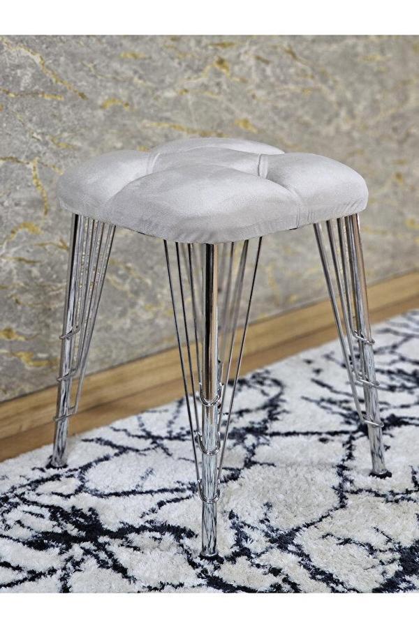 Kare Krom Kaplama Telli Ayaklı Tabure - Oturak - Bar Taburesi - Ayaklı Tabure Krem Renk 48 x 33 Boyut/Ebat - Image 1