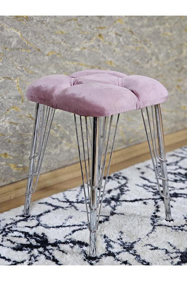 Kare Krom Kaplama Telli Ayaklı Tabure - Oturak - Bar Taburesi - Ayaklı Tabure Pembe Renk 48 x 33 Boyut/Ebat - Image 1
