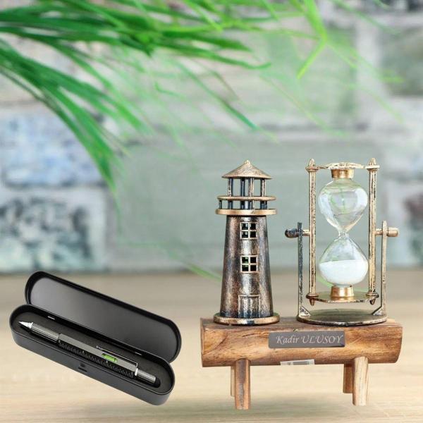 Kişiye Özel Tükenmez Kalem ve Deniz Feneri Kum Saati Masa Seti – Şık Hediye - Image 1