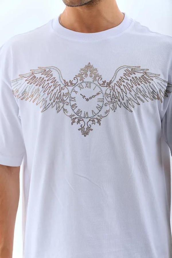 MDB Unisex Oversize Taşlı Bisiklet Yaka Thirt  Beyaz - Image 1