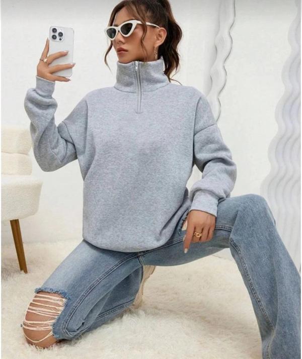 MDB Unisex Uzun Kol Yarım Farmuarlı Yakalı Basic weathirt  Gri - Image 1