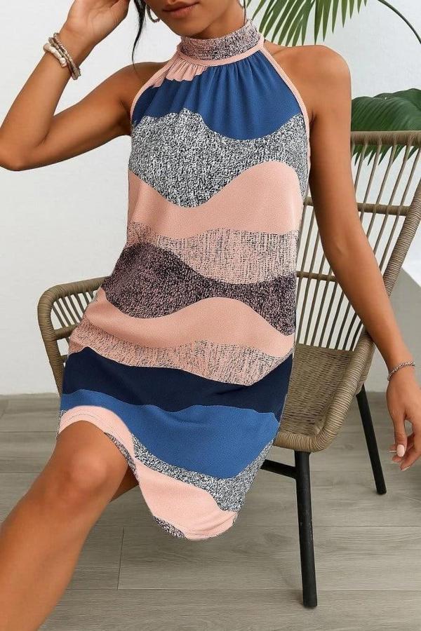 MDB Kadın Kolsuz Boyundan Askılı Desenli Midi Süprem Elbise - Image 1