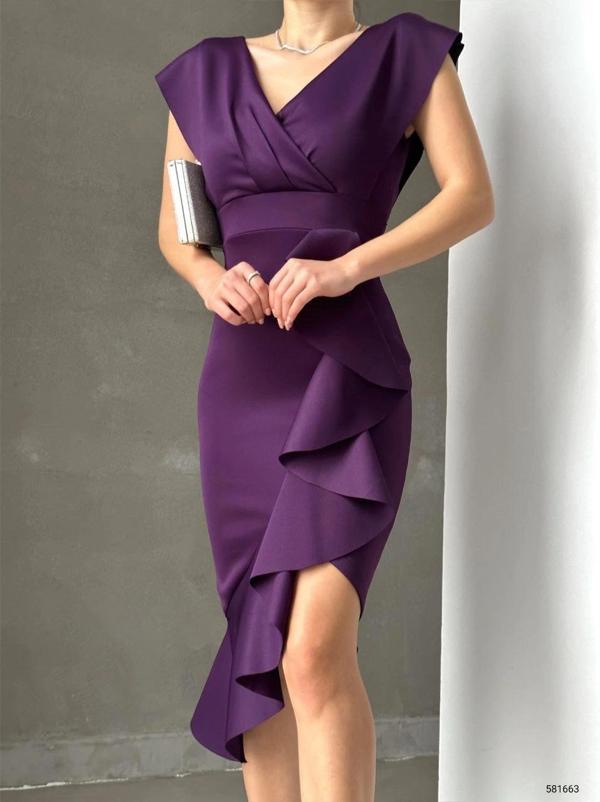 MDB cuba Kumaş Önü Fırfırlı Midi Boy Elbise - Image 1