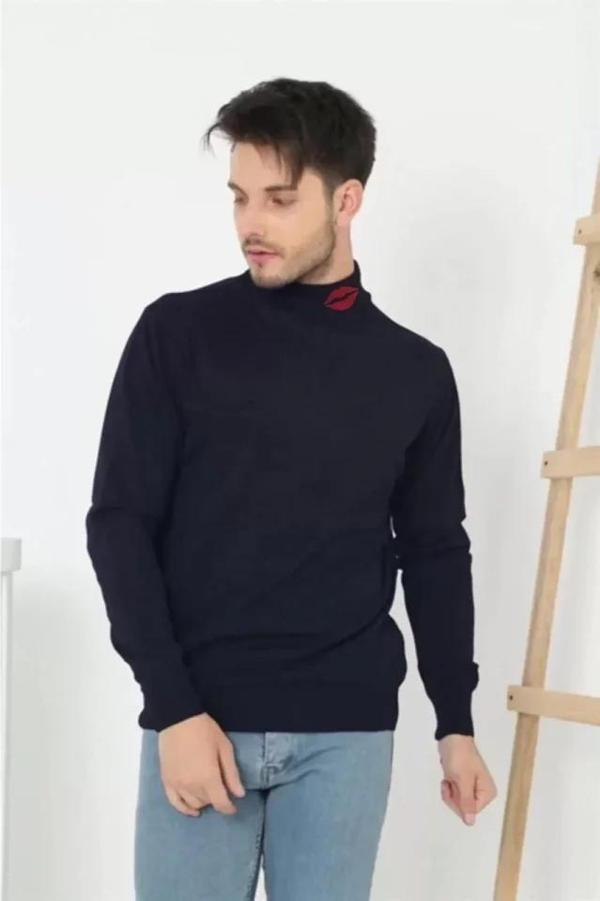 MDB Unisex Yarım Boğazlı Baskılı Dokuma Triko  acivert - Image 1