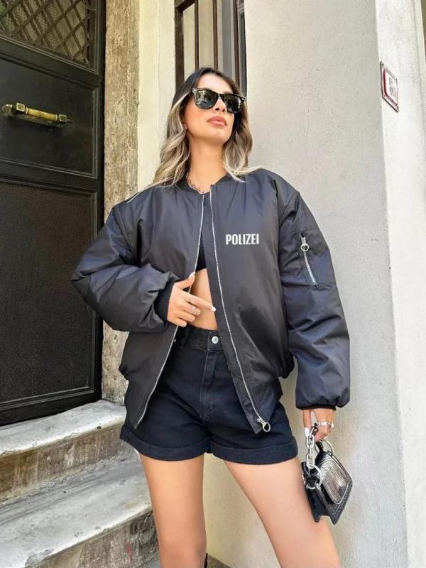 MDB Unisex Uzun Kol Baskılı Bomber Ceket  iyah - Image 1