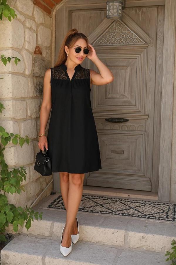 MDB Kadın Kolsuz V Hakim Yaka Dantelli Janjan Krep Elbise - Image 1