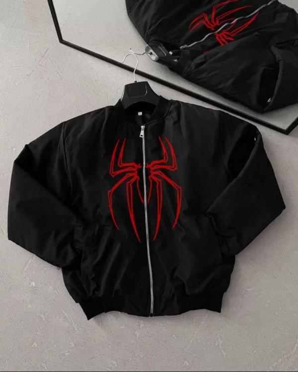 MDB Unisex Uzun Kol Örümcek Baskılı Bomber Ceket  iyah - Image 1