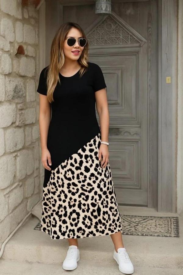 MDB Kadın Kısa Kollu Bisiklet Yaka Leopar Detaylı Midi üst Viskon Alt Süprem Elbise - Image 1