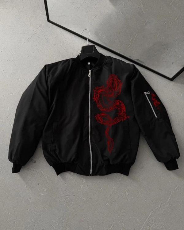 MDB Tam Fermuarlı Uzun Kol Baskılı Bomber Ceket  iyah - Image 1