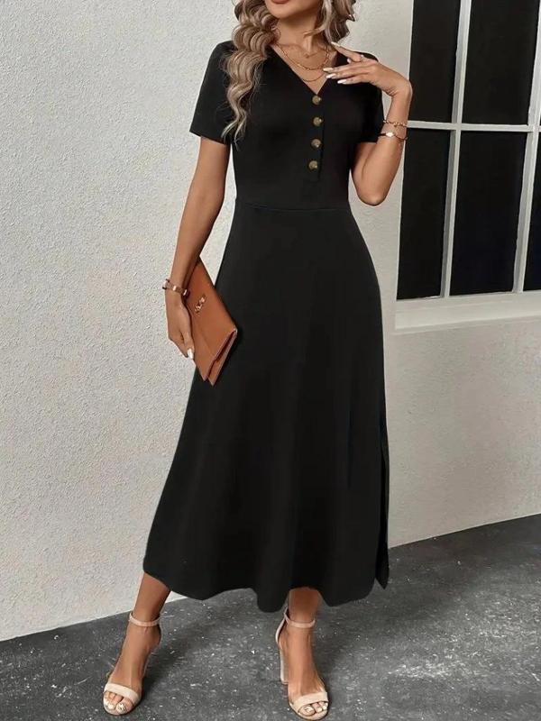 MDB Kadın Kısa Kollu V Yakalı önden Düğmeli Yırtmaçlı Midi Viskon Elbise - Image 1