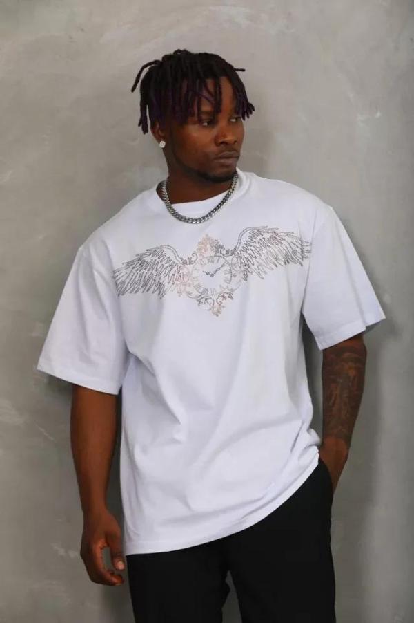 MDB Unisex Oversize Taşlı Bisiklet Yaka Thirt  Beyaz - Image 1