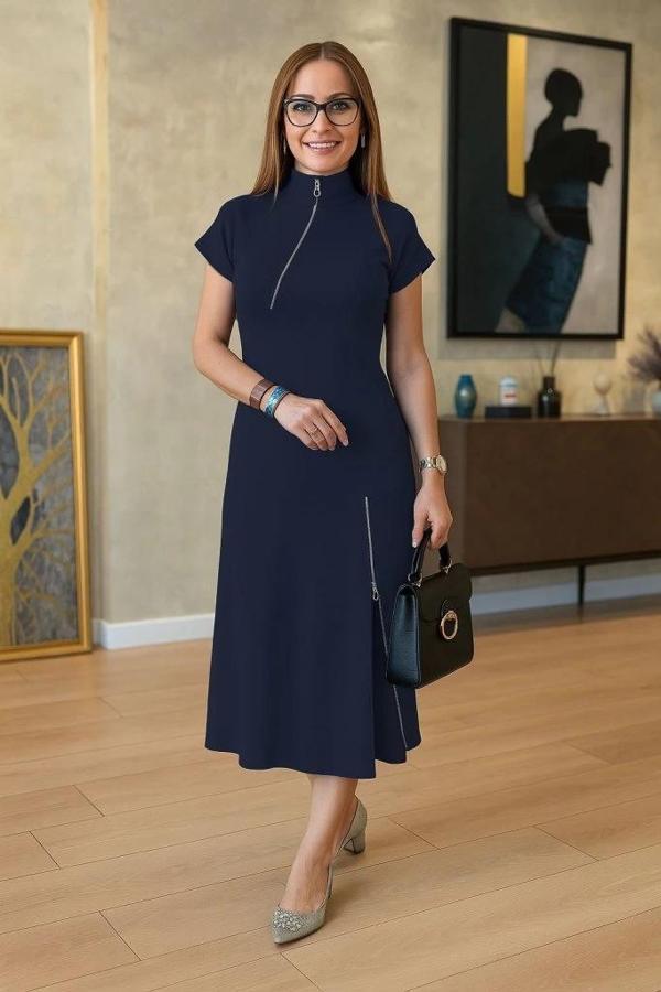 MDB Kadın Kısa Kollu Yakadan Ve Etekten Fermuarlı Midi Viskon Iki Iplik Elbise - Image 1