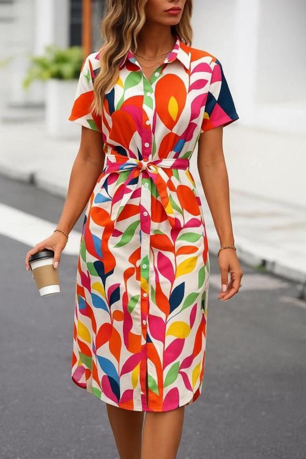 MDB Kadın Kısa Kollu Yakalı önü Düğmeli önden Drapeli Desenli Süprem Elbise - Image 1