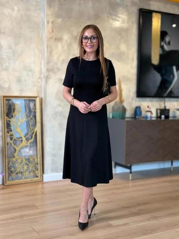 MDB Kadın Kısa Kollu Bisiklet Yaka Midi Viskon Iki Iplik Elbise - Image 1