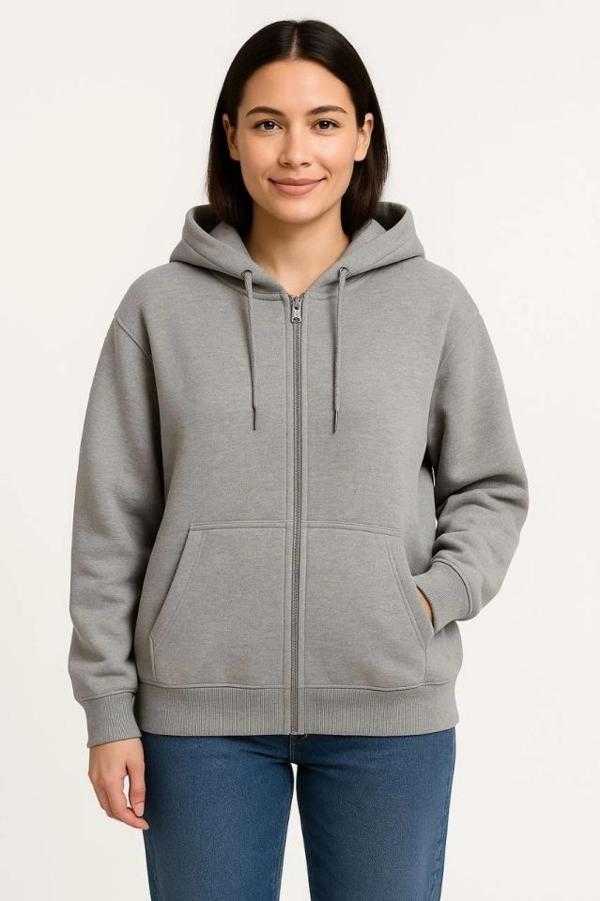 MDB Üç İplik Kapüşonlu Tam Fermuarlı Kanguru Çepli weathirt Hoodie  Gri - Image 1