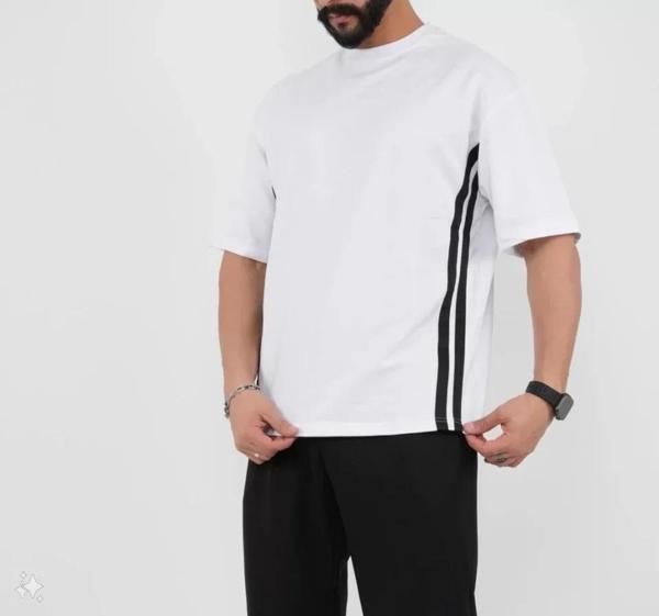 MDB Unisex Oversize Yanları Şeritli Thirt  Beyaz - Image 1