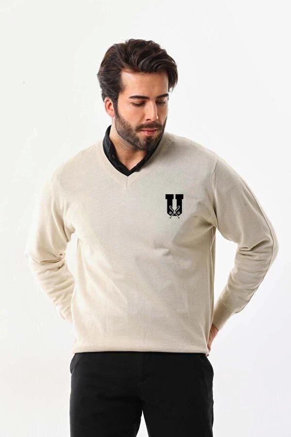 MDB Baskılı V Yaka Uzun Kol Dokuma Triko  Bej - Image 1