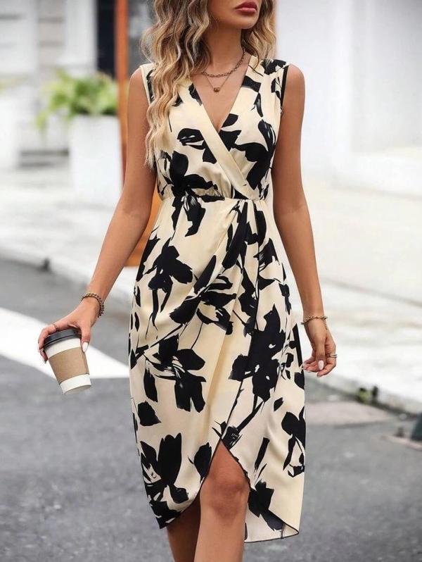 MDB Kadın Sıfır Kol Kruvaze Yaka önden çapraz Kesim Detaylı Desenli Oysho Süprem Elbise - Image 1