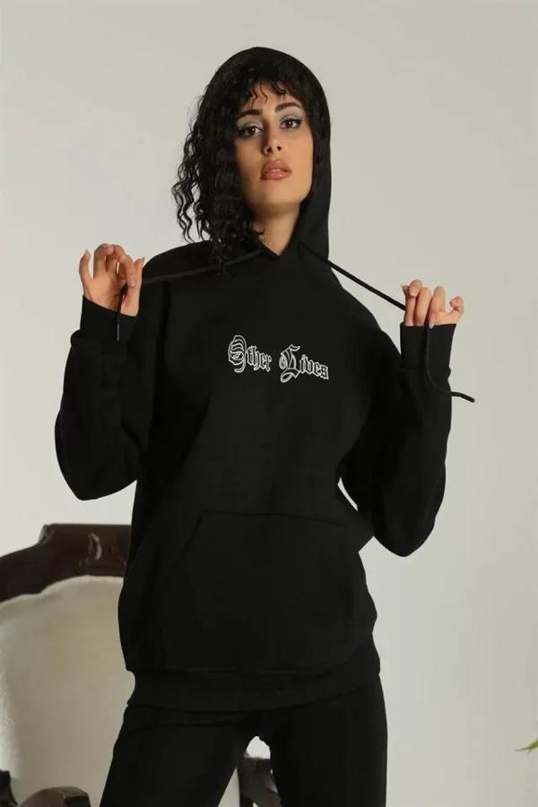 MDB ırt Baskılı Oversize Üç İplik Kapüşonlu weatshirt  iyah - Image 1