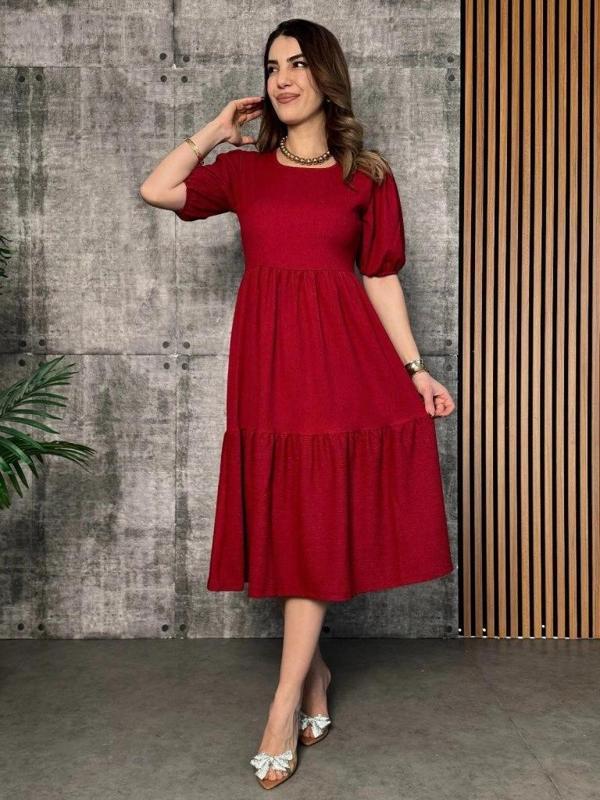 MDB Kadın Kısa Kollu Yakası Açık Katlı Bürümcük Balon Elbise - Image 1