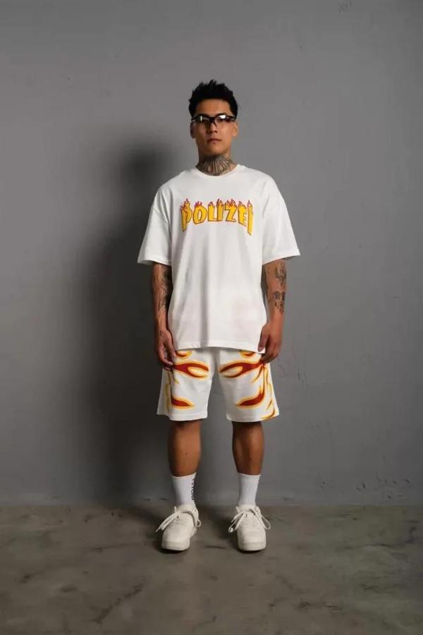 MDB Erkek Alev Baskılı İkili Şortlu Takım  Beyaz - Image 1