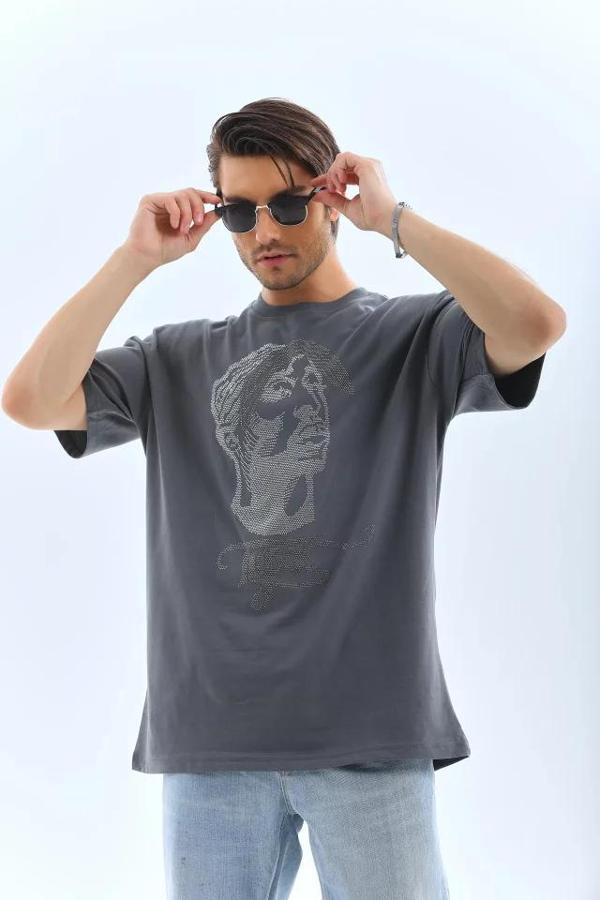 MDB Unisex Oversize Taşlı Bisiklet Yaka Thirt  Füme - Image 1