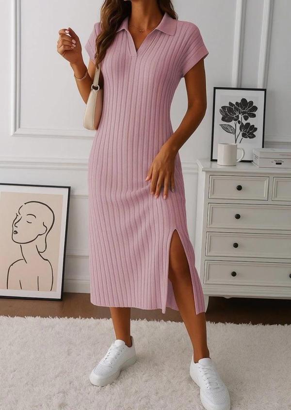 MDB Kadın Kısa Kollu Yakalı Yandan Yırtmaçlı Kalın Fitilli Kaşkorse Elbise - Image 1