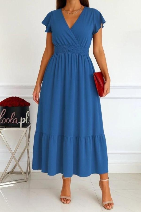 MDB Kadın Kısa Kelebek Kollu Kruvaze Yakalı Beli Lastikli Aerobin Elbise - Image 1