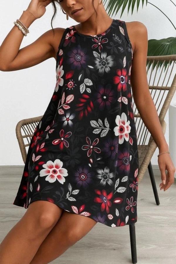 MDB Kadın Askılı Yuvarlak Yaka Desenli A Kesim Süprem Elbise - Image 1