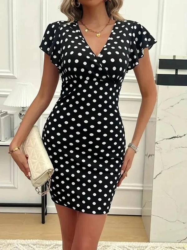 MDB Kadın Kısa Kollu Kruvaze Yakalı örme Puantiyeli Krep Elbise - Image 1